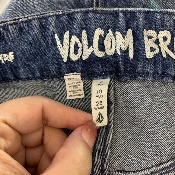 Volcom Wide Leg Flare Denim Jeans 7 Med Wash High Rise Button Zip Patch Pockets - Picture 5 of 5